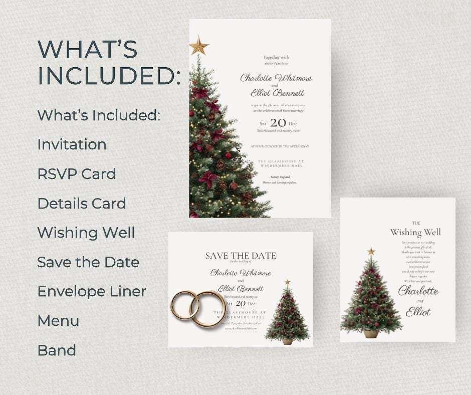Christmas Tree Wedding Invitation Suite. Burgundy & Gold Winter Wedding Invite. Editable Instant Download set.