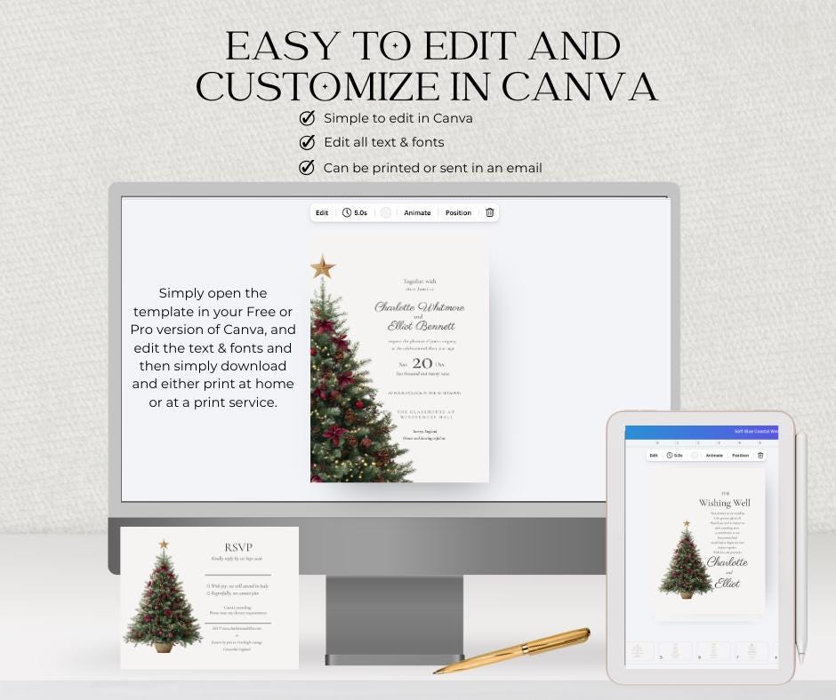 Christmas Tree Wedding Invitation Suite. Burgundy & Gold Winter Wedding Invite. Editable Instant Download set.