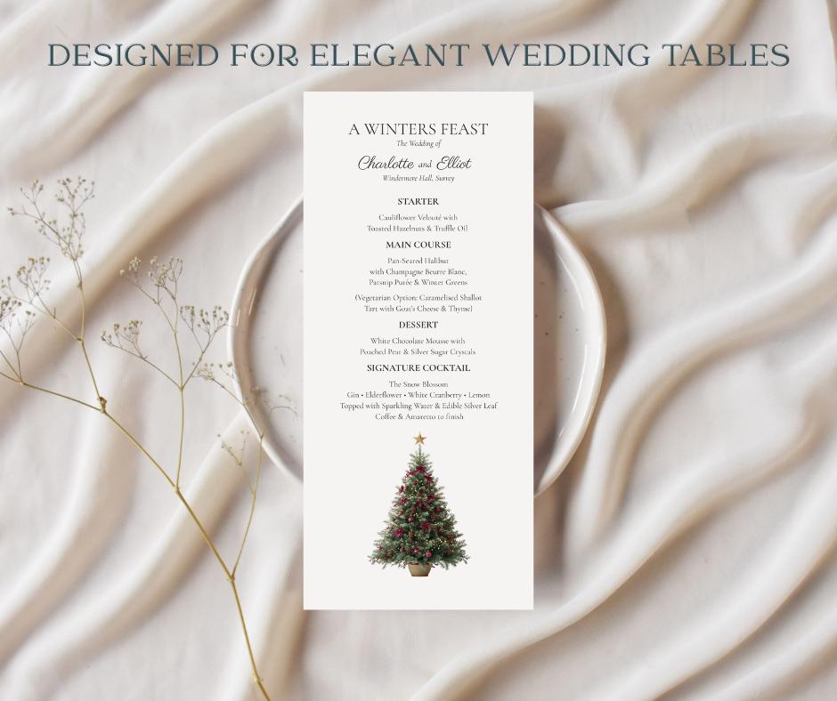 Christmas Tree Wedding Invitation Suite. Burgundy & Gold Winter Wedding Invite. Editable Instant Download set.