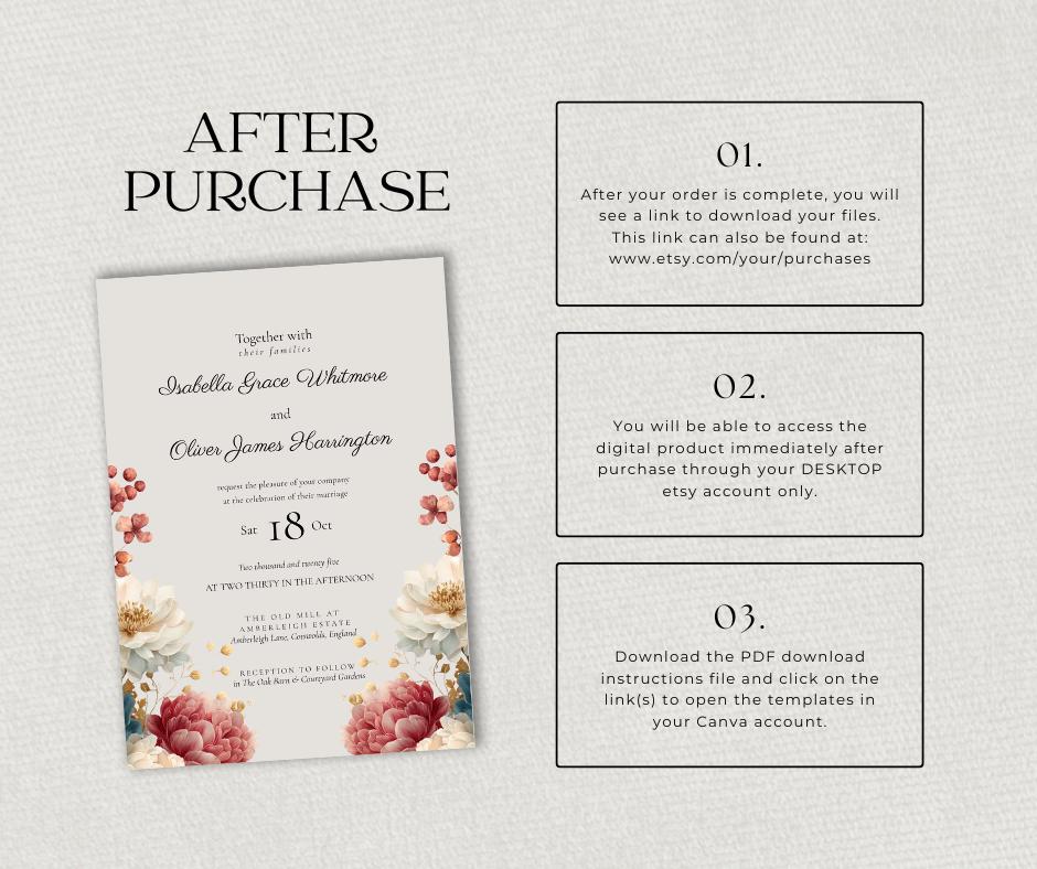Autumn Wedding Invitation. Burgundy Teal Fall Floral Template, Printable Rustic Invite. Editable Canva Download.