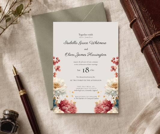 Autumn Wedding Invitation. Burgundy Teal Fall Floral Template, Printable Rustic Invite. Editable Canva Download.