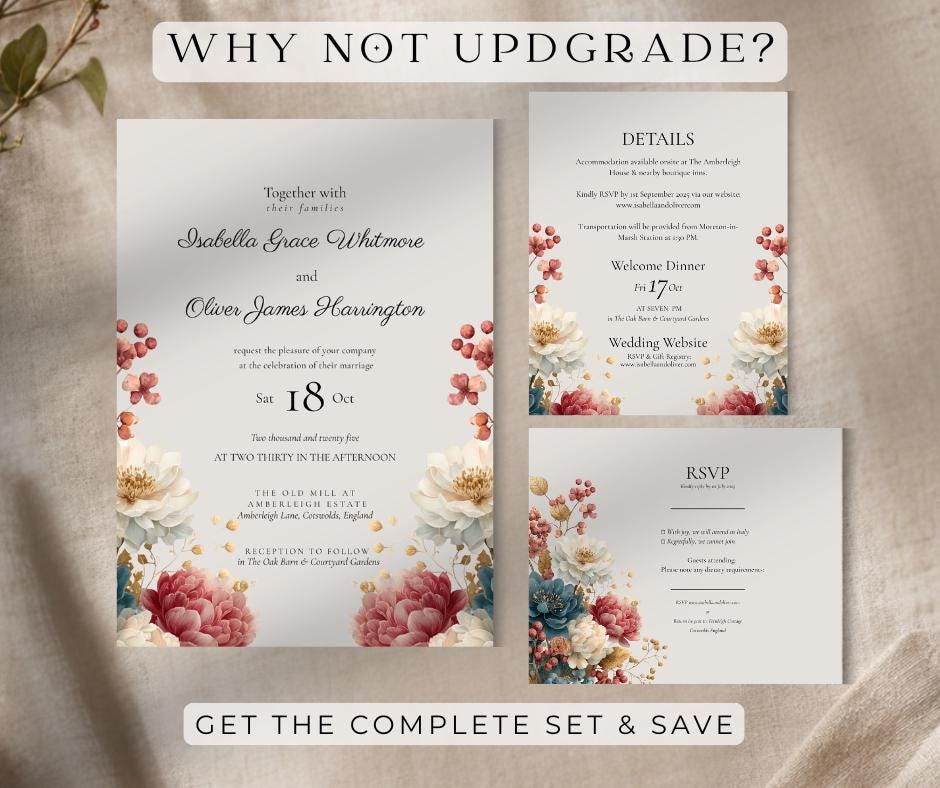 Autumn Wedding Invitation. Burgundy Teal Fall Floral Template, Printable Rustic Invite. Editable Canva Download.