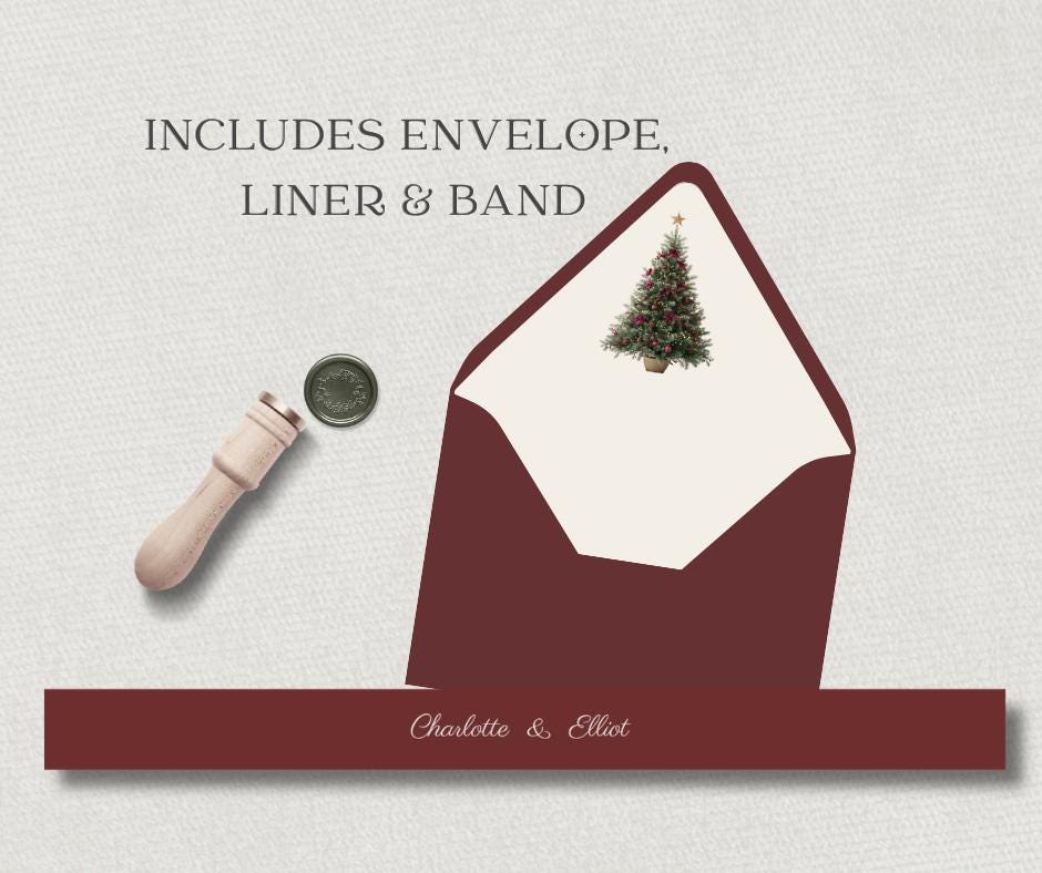 Christmas Tree Wedding Invitation Suite. Burgundy & Gold Winter Wedding Invite. Editable Instant Download set.