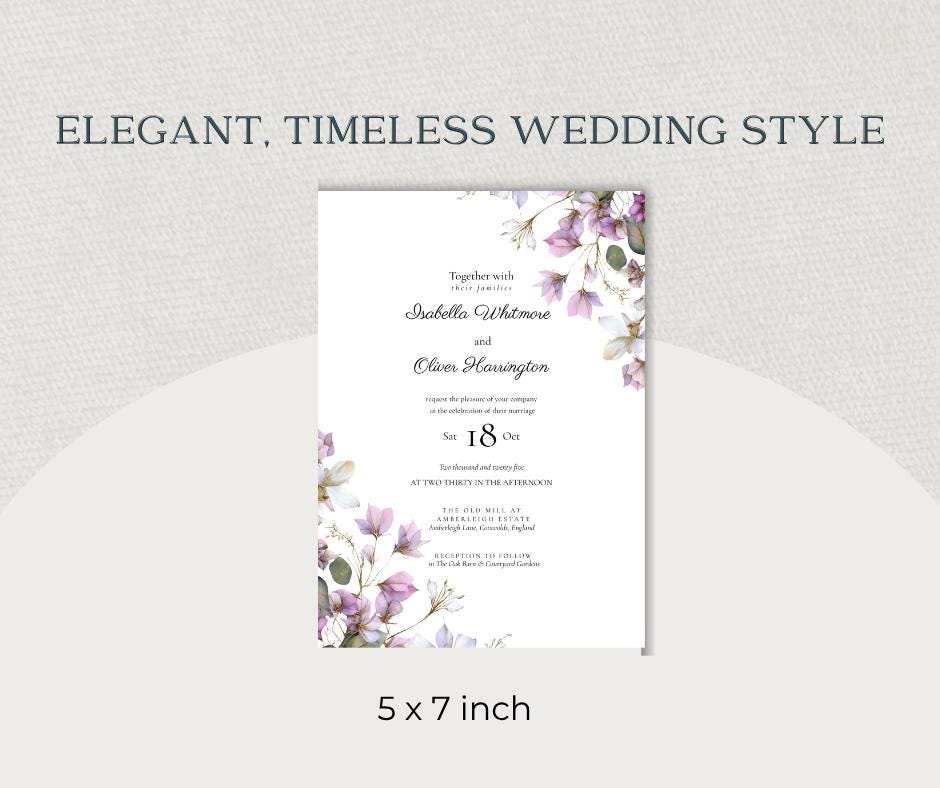 Purple and Sage Floral Wedding Invitation. Lilac Botanical Invite, Editable Canva Template, Digital Download.