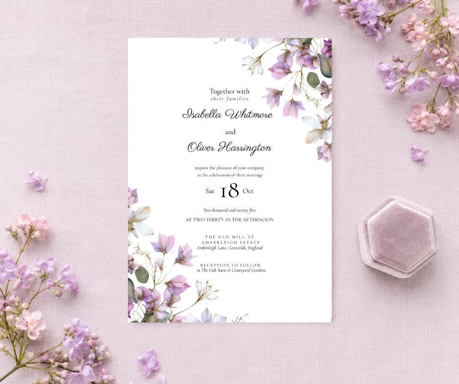 Purple and Sage Floral Wedding Invitation. Lilac Botanical Invite, Editable Canva Template, Digital Download.