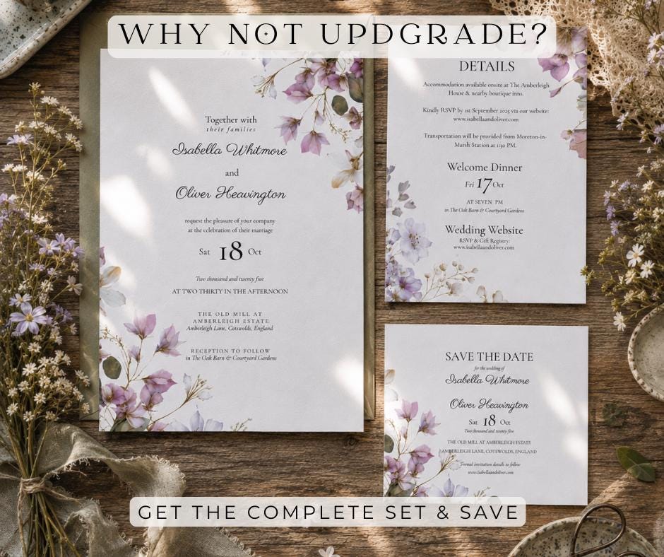 Purple and Sage Floral Wedding Invitation. Lilac Botanical Invite, Editable Canva Template, Digital Download.
