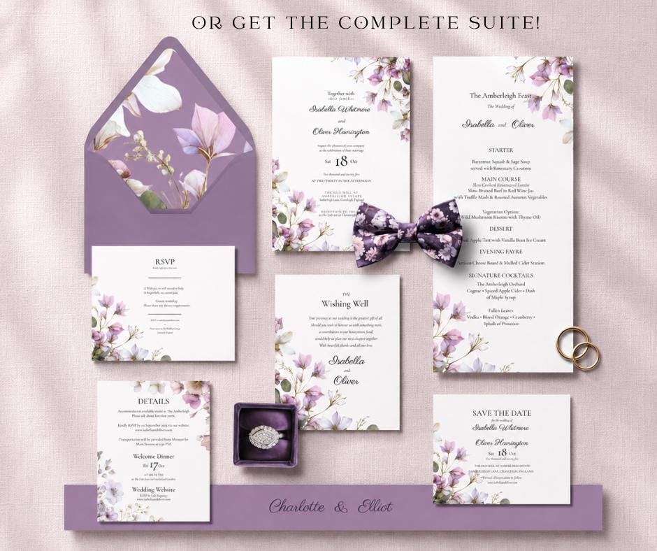 Purple and Sage Floral Wedding Invitation. Lilac Botanical Invite, Editable Canva Template, Digital Download.