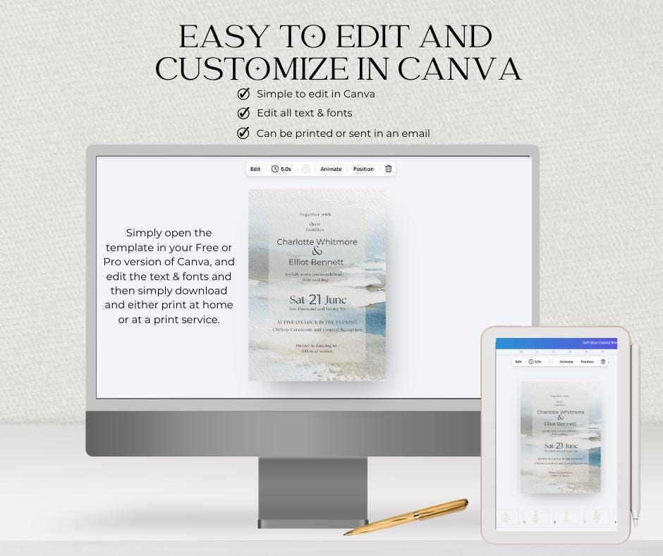 Coastal Wedding Invitation Watercolour. Blue Beach Editable Template, Destination Clifftop Invite. Canva Instant Download.