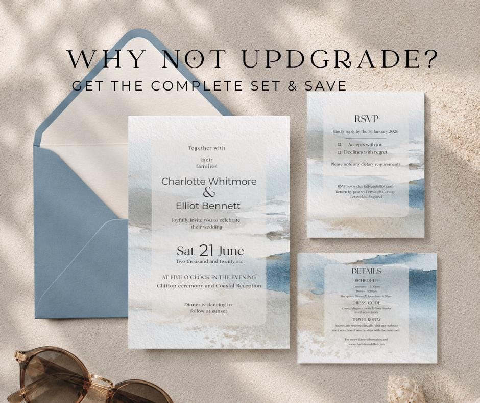 Coastal Wedding Invitation Watercolour. Blue Beach Editable Template, Destination Clifftop Invite. Canva Instant Download.
