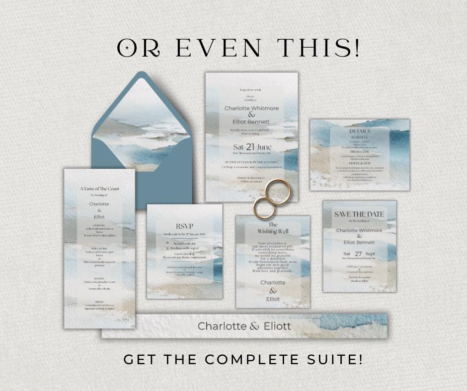 Coastal Wedding Invitation Watercolour. Blue Beach Editable Template, Destination Clifftop Invite. Canva Instant Download.