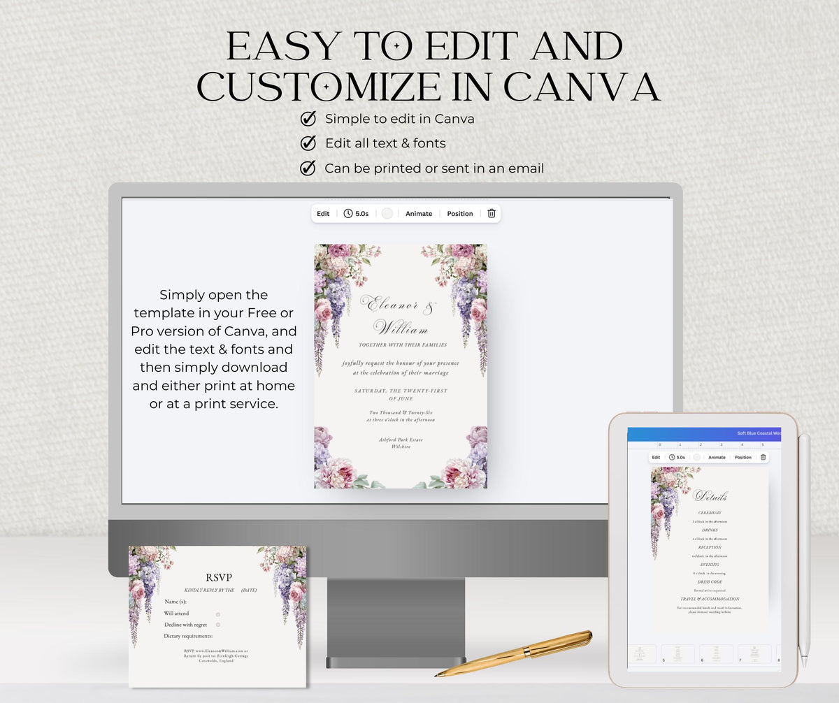 Regency Wisteria Wedding Invitation Set. Blush Lavender Floral Editable Canva Template, English Garden Invite RSVP Details