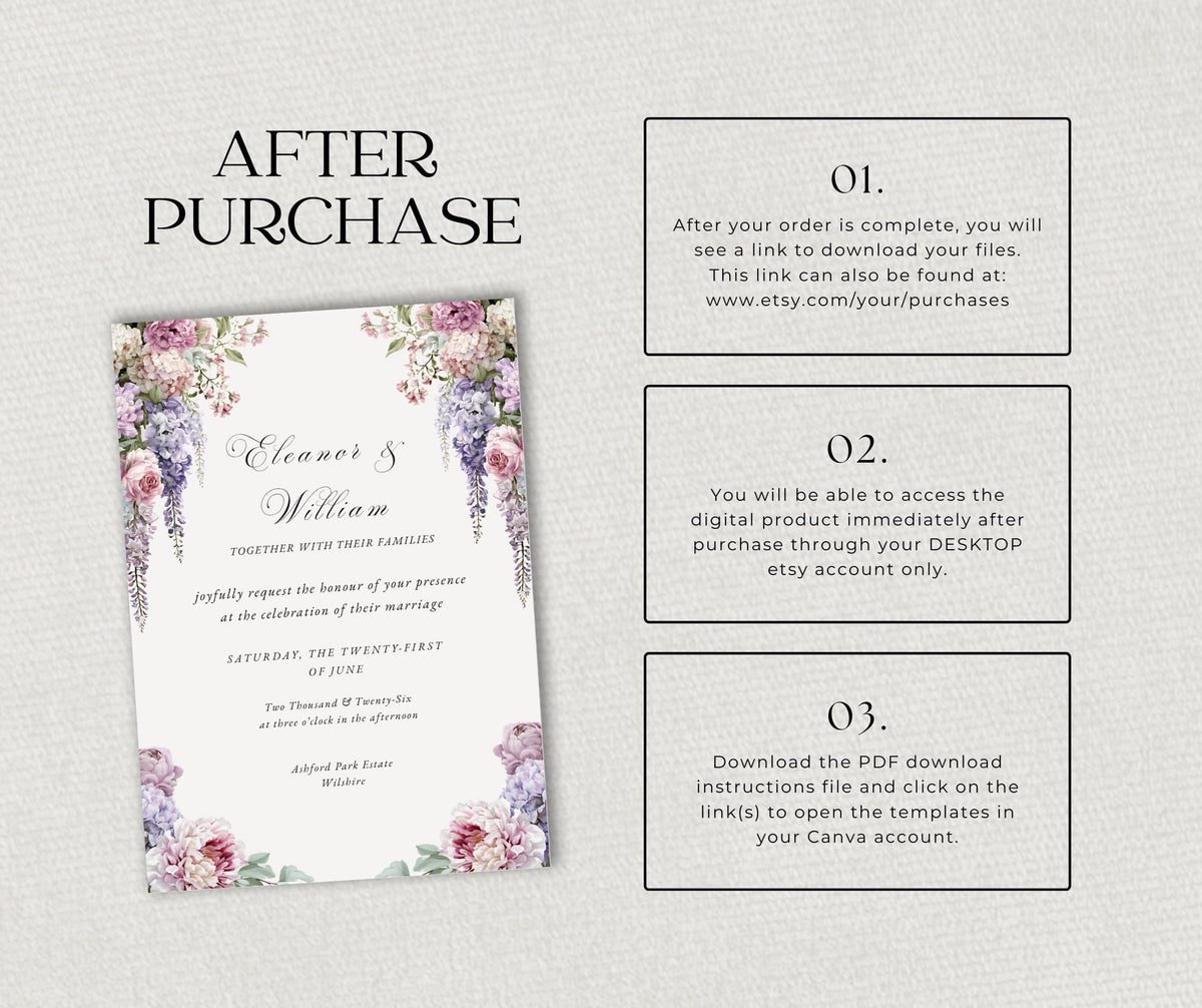 Regency Wisteria Wedding Invitation Set. Blush Lavender Floral Editable Canva Template, English Garden Invite RSVP Details
