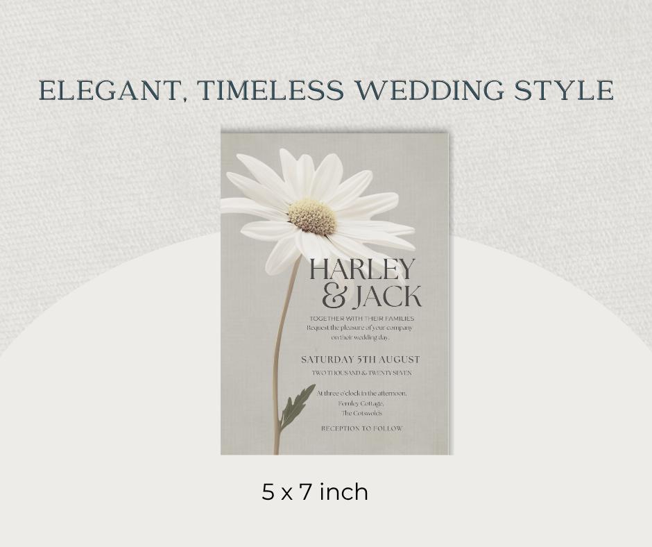 Daisy Wedding Invitation, White Floral Botanical Invite for Spring Summer Weddings, Editable Canva Template, Printable.