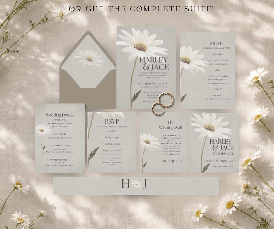 Daisy Wedding Invitation, White Floral Botanical Invite for Spring Summer Weddings, Editable Canva Template, Printable.