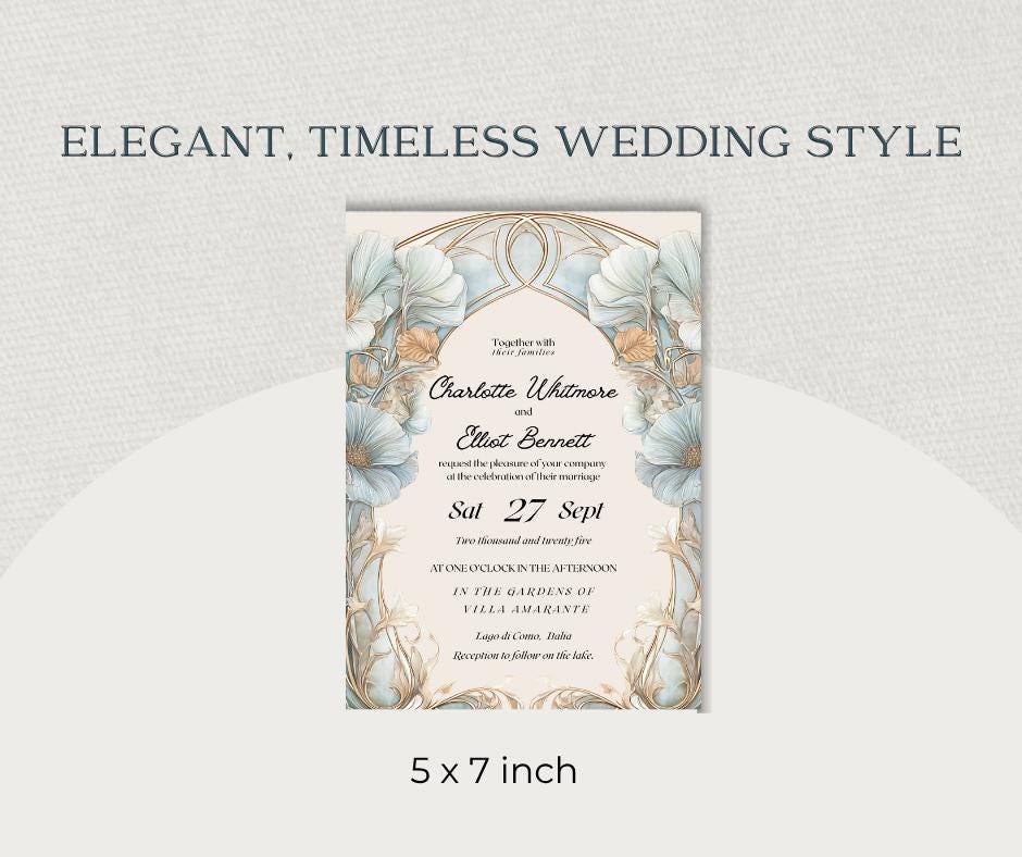 Art Nouveau Wedding Invitation, Pale Blue Botanical Arch Invite, Editable Canva Template, Italian Destination Design.