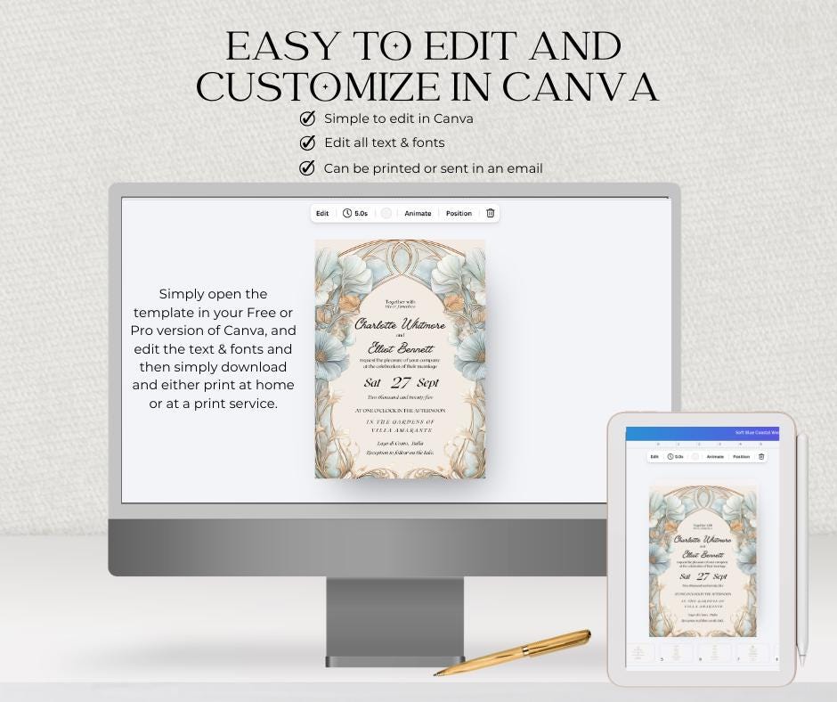 Art Nouveau Wedding Invitation, Pale Blue Botanical Arch Invite, Editable Canva Template, Italian Destination Design.