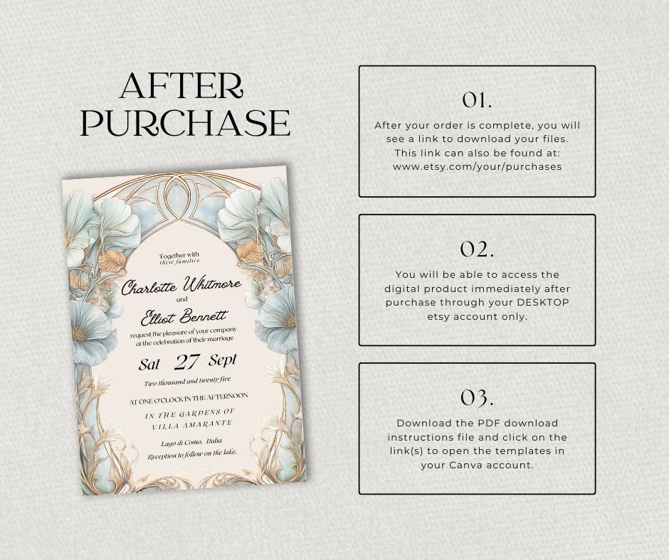 Art Nouveau Wedding Invitation, Pale Blue Botanical Arch Invite, Editable Canva Template, Italian Destination Design.