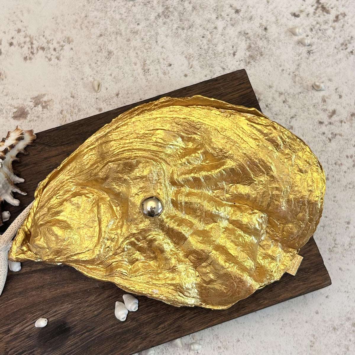 Gold Oyster Shell Jewellery Box with Silver Handle. Large Seashell Coastal Home Decor.