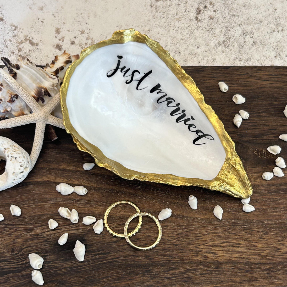 Just Married Natural Oyster Shell Dish. Gold Edged Wedding Ring Holder.