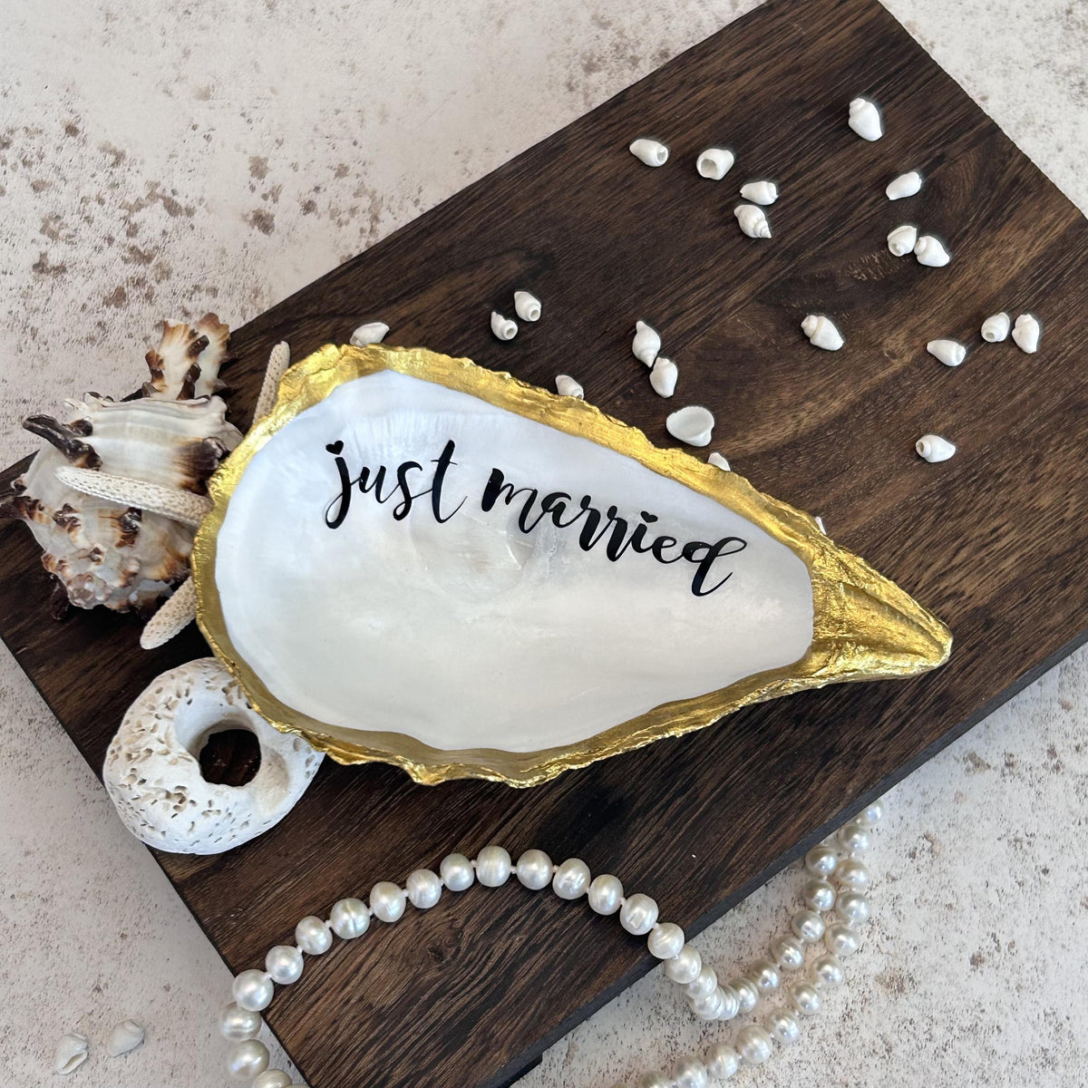 Just Married Natural Oyster Shell Dish. Gold Edged Wedding Ring Holder.