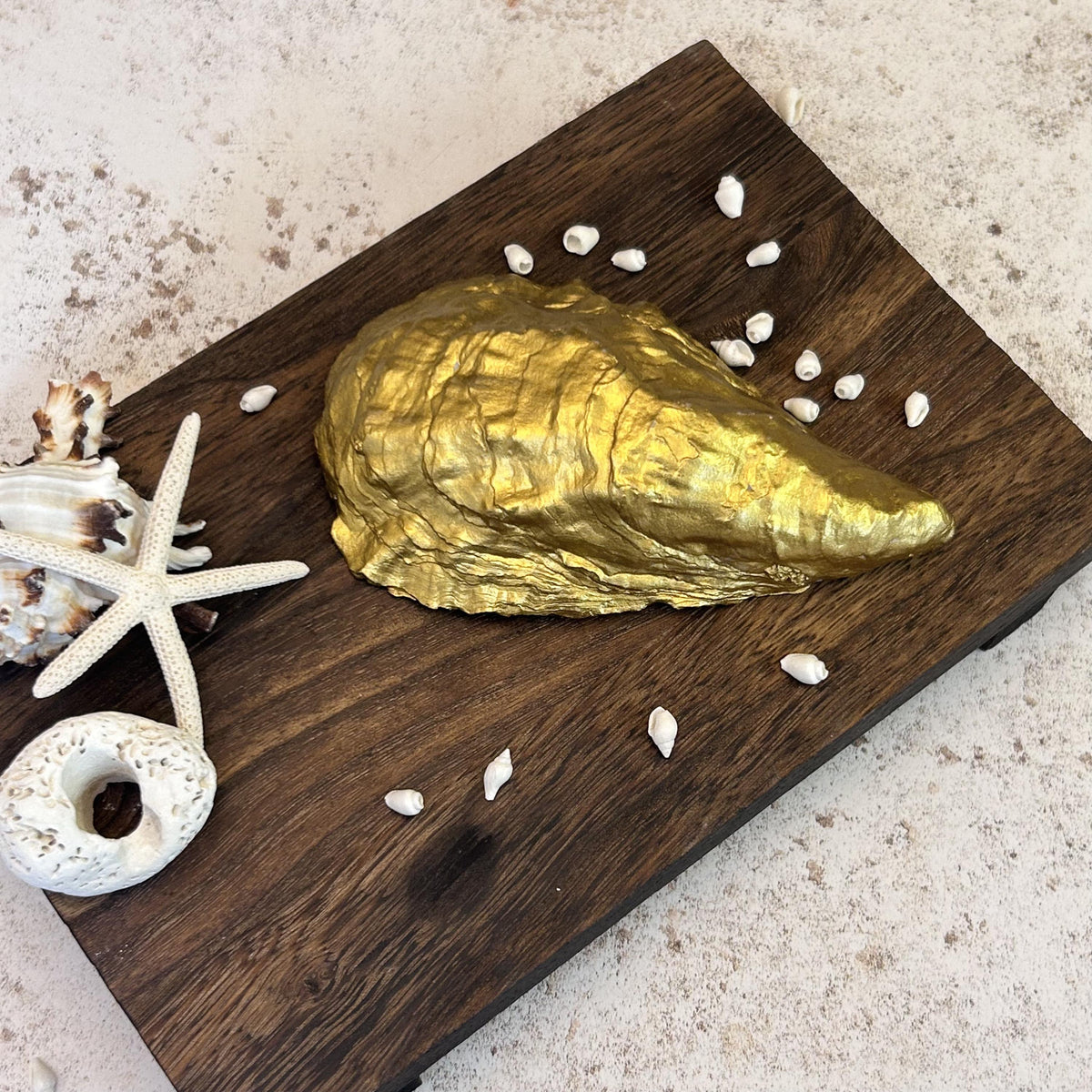 Just Married Natural Oyster Shell Dish. Gold Edged Wedding Ring Holder.