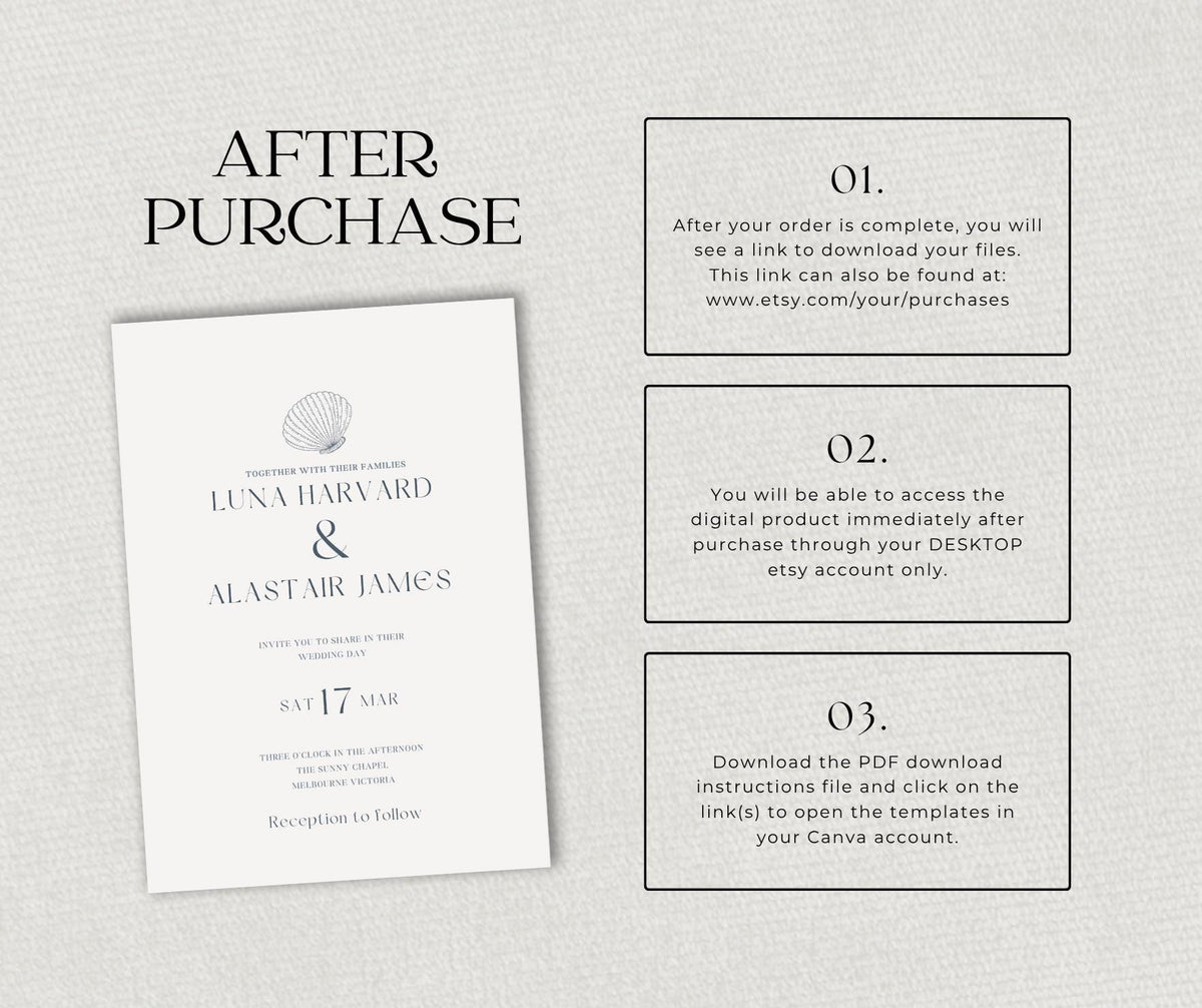 Coastal Wedding Invitation. Scallop Shell Minimalist Invite. Seashell Editable Canva Template, Instant Download.