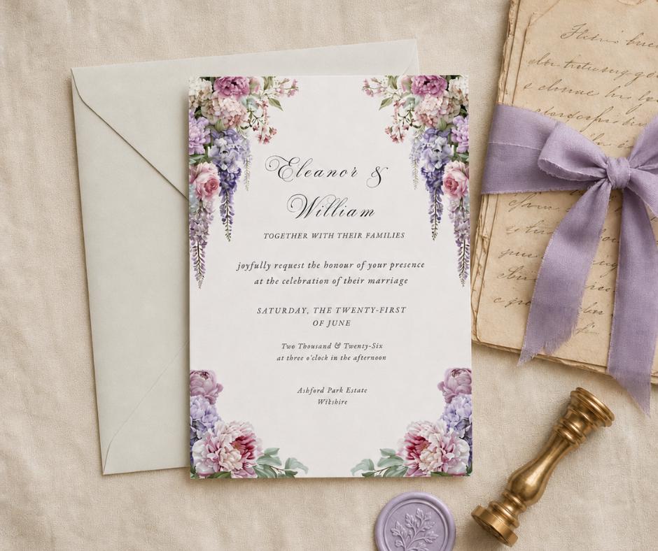 Regency Wisteria Wedding Invitation, Blush Lavender Floral Editable Canva Template, English Garden Invite Card.