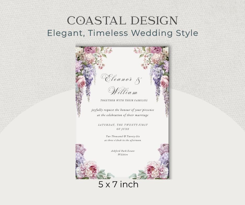 Regency Wisteria Wedding Invitation, Blush Lavender Floral Editable Canva Template, English Garden Invite Card.