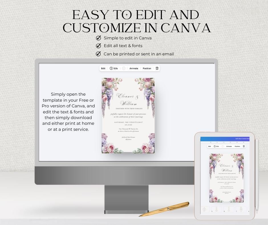 Regency Wisteria Wedding Invitation, Blush Lavender Floral Editable Canva Template, English Garden Invite Card.