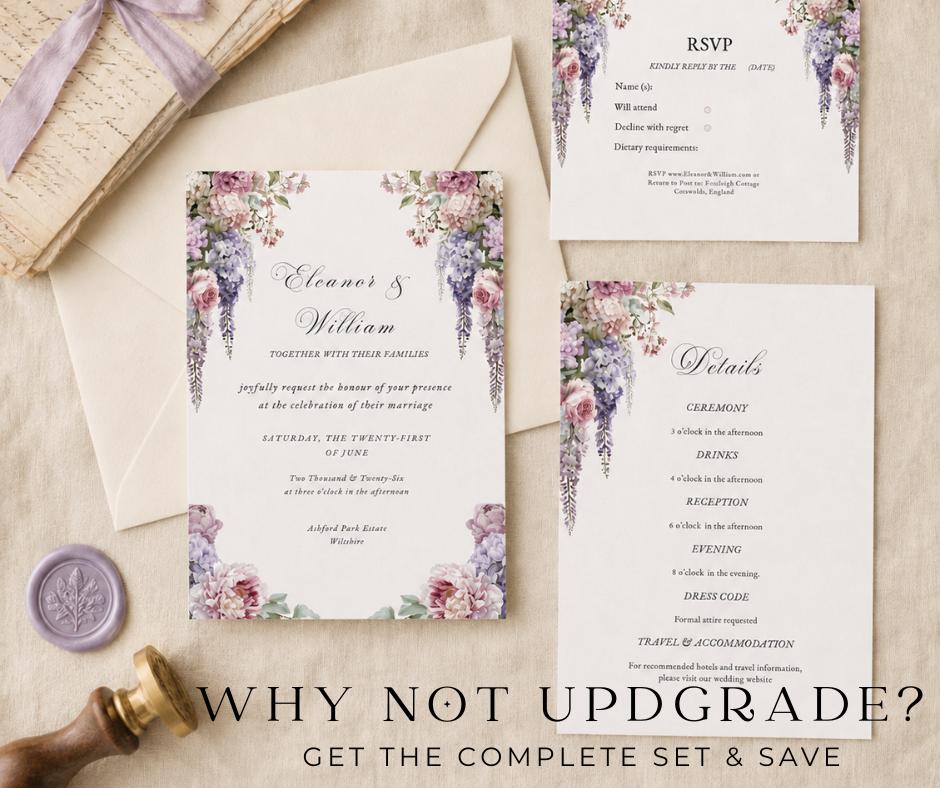 Regency Wisteria Wedding Invitation, Blush Lavender Floral Editable Canva Template, English Garden Invite Card.