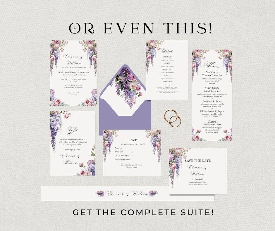 Regency Wisteria Wedding Invitation, Blush Lavender Floral Editable Canva Template, English Garden Invite Card.