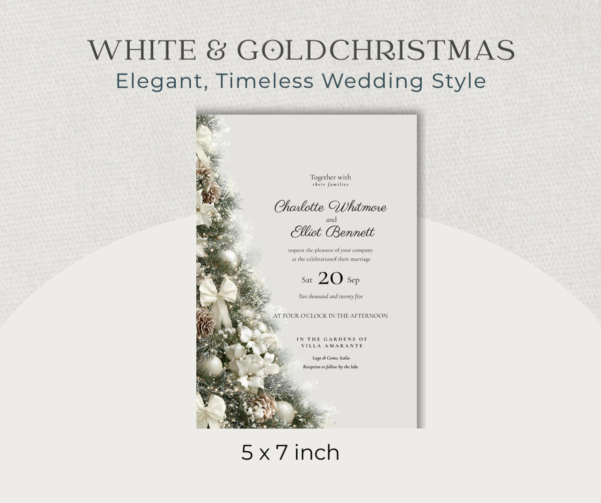 Gold and Cream Christmas Tree Wedding Invitation. Winter Editable Canva Template.  Festive Printable Instant Download.