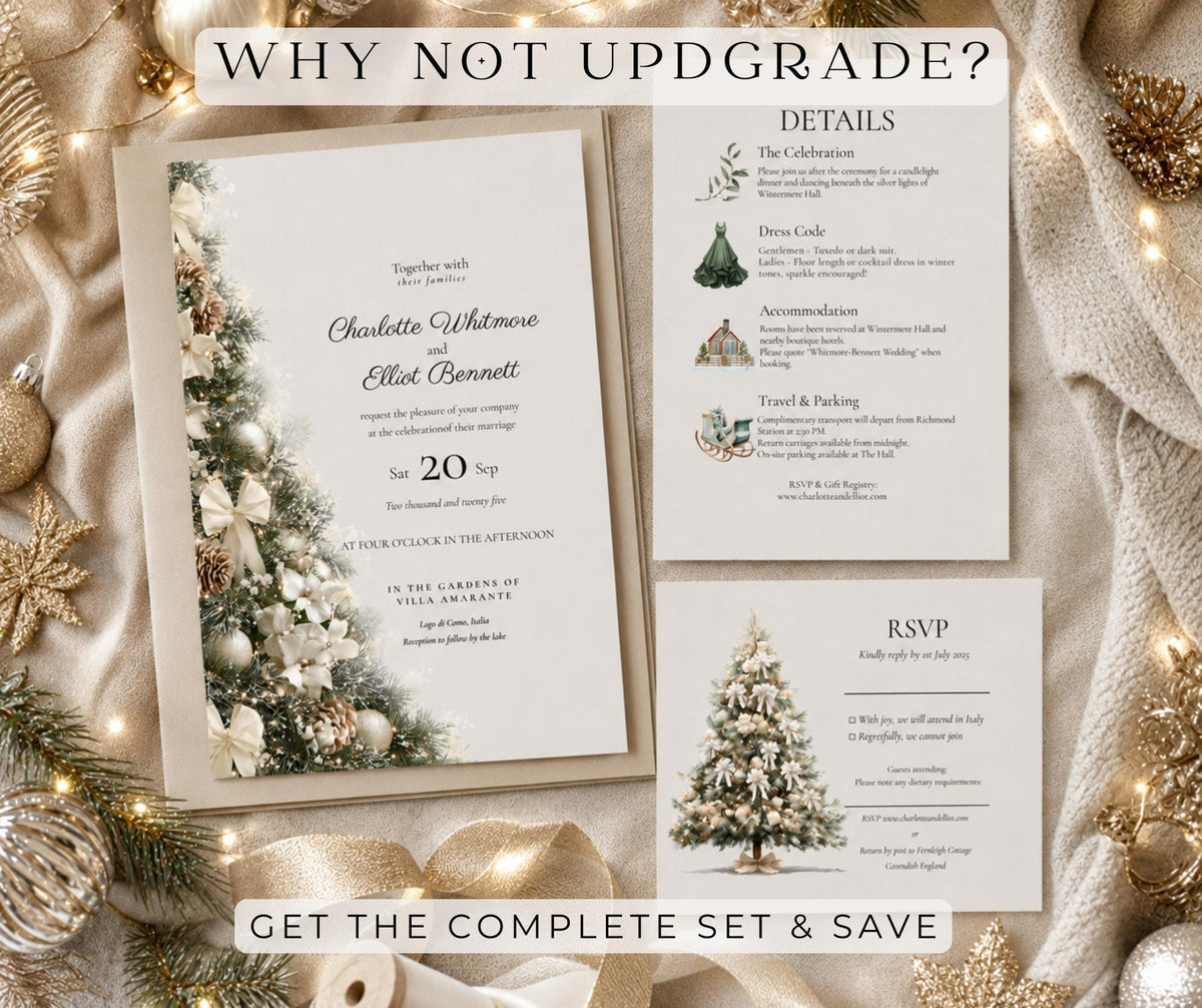 Gold and Cream Christmas Tree Wedding Invitation. Winter Editable Canva Template.  Festive Printable Instant Download.
