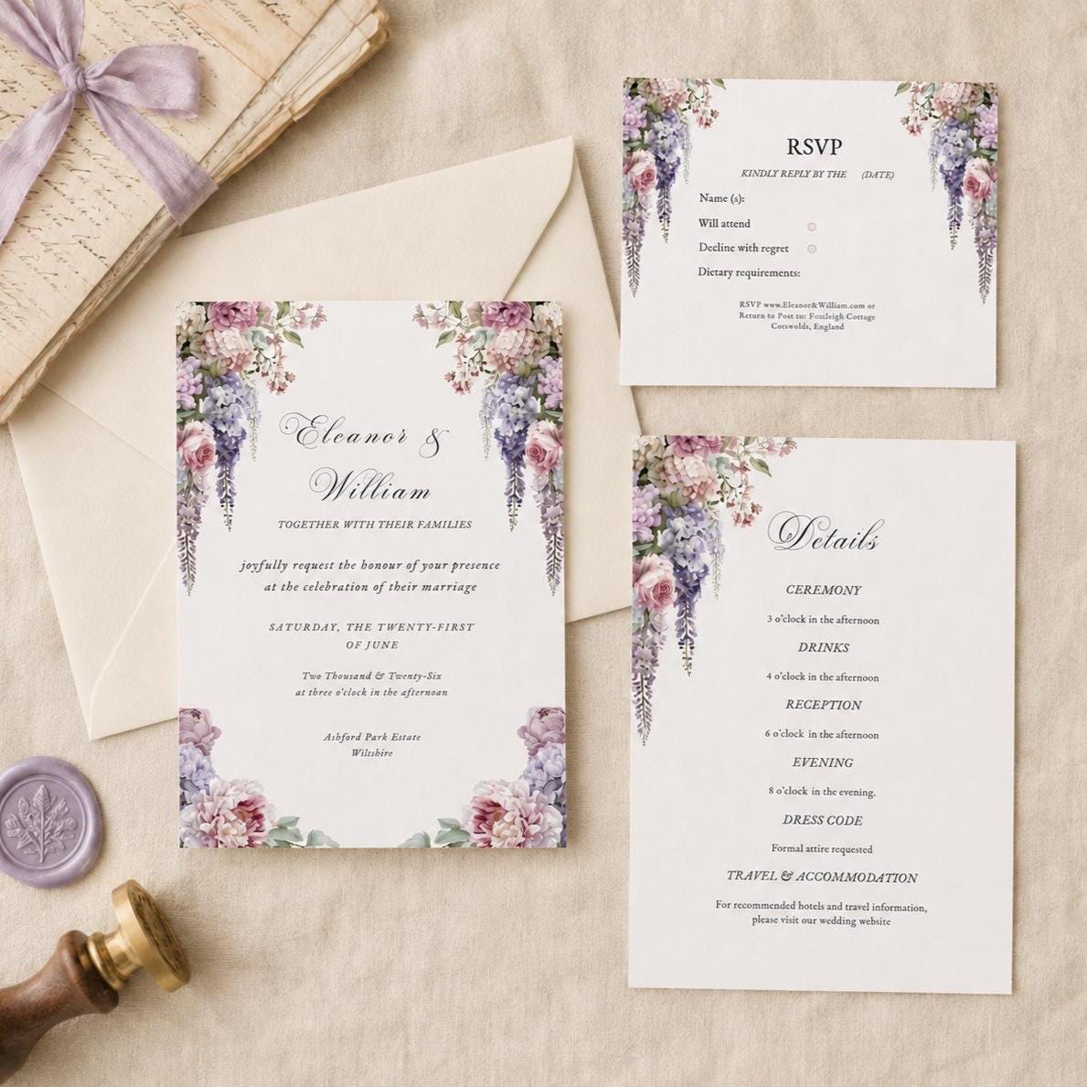 Regency Wisteria Wedding Invitation Set. Blush Lavender Floral Editable Canva Template, English Garden Invite RSVP Details