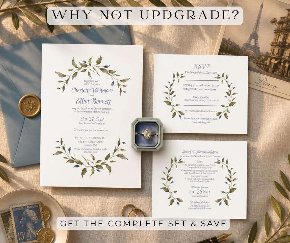 Sage Green and Dusty Blue Leaf Wedding Invitation. Botanical Mediterranean style  Invite. Editable Canva Template, Digital Download.