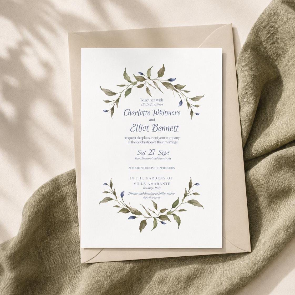 Sage Green and Dusty Blue Leaf Wedding Invitation. Botanical Mediterranean style  Invite. Editable Canva Template, Digital Download.