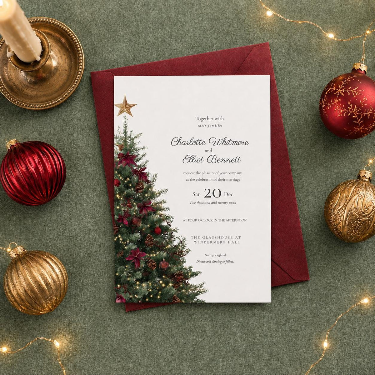 Burgundy and Gold Christmas Wedding Invitation. Editable Winter Invite. Elegant Tree Design. Instant Download Canva Template.