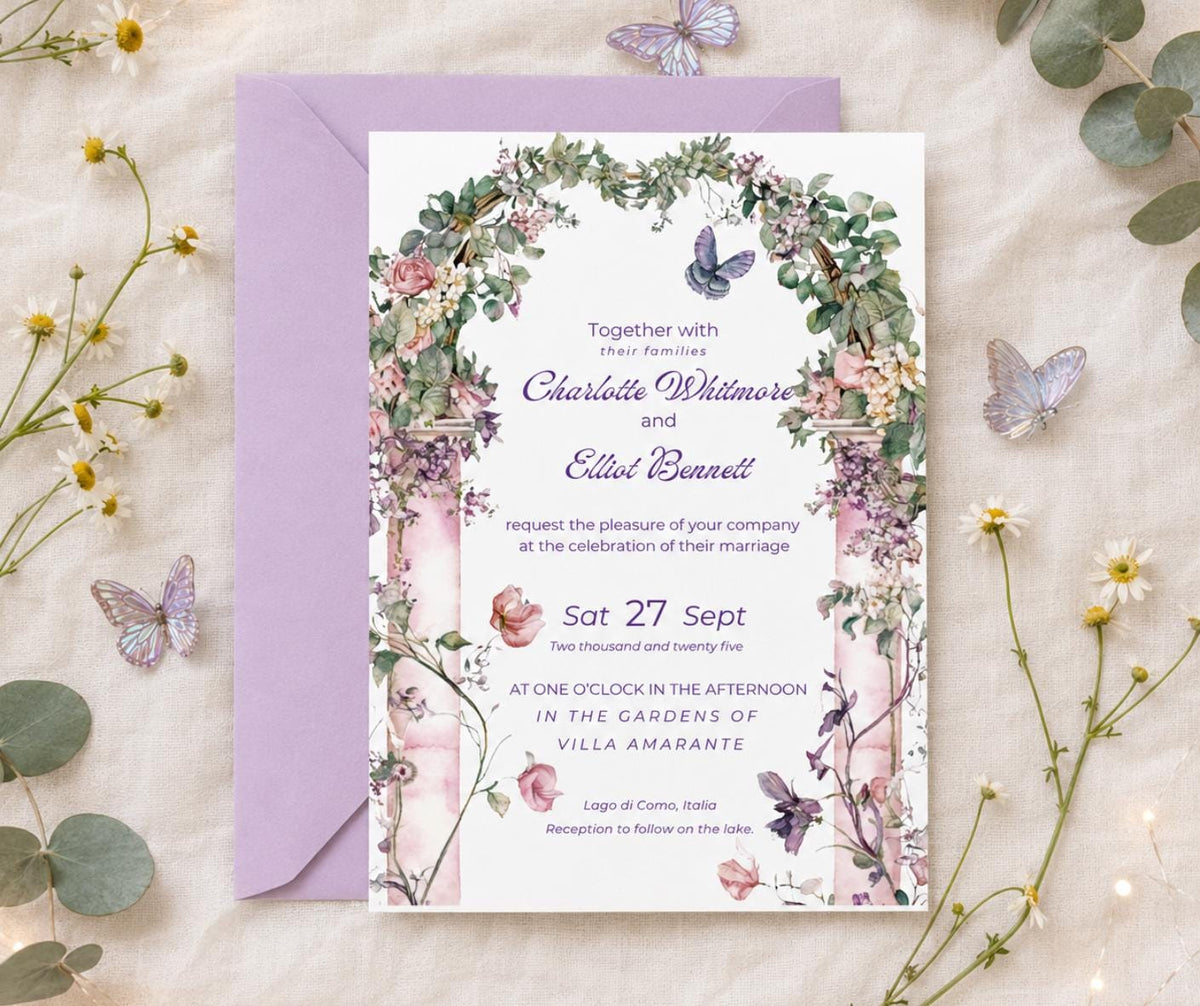 Pink Floral Arch Wedding Invitation. Summer Garden Butterfly Invite. Editable Canva Template, Instant Download