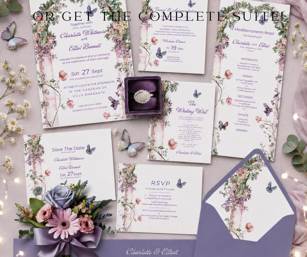 Pink Floral Arch Wedding Invitation. Summer Garden Butterfly Invite. Editable Canva Template, Instant Download