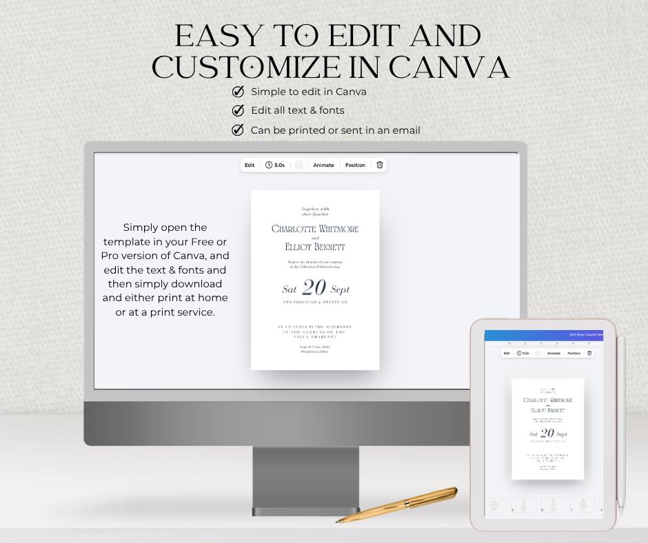 Navy and White Minimalist Wedding Invitation. Elegant Modern Script Invite, Editable Canva Template, Instant Download.