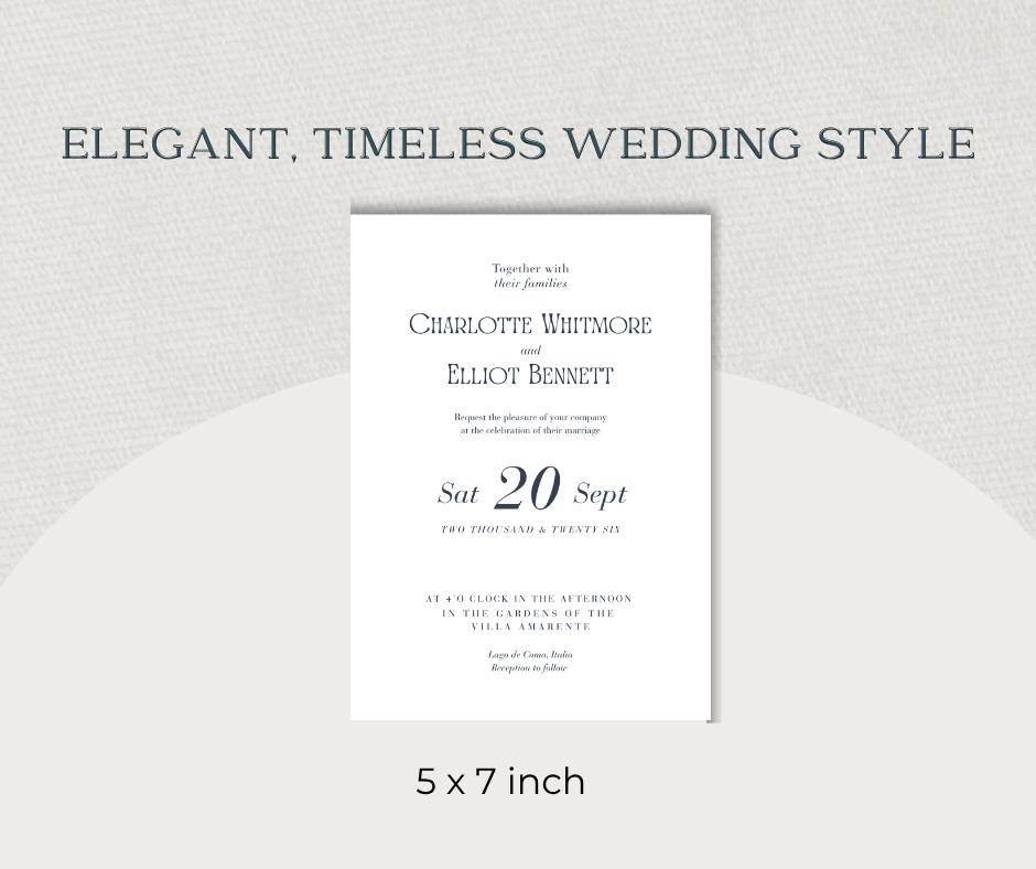 Navy and White Minimalist Wedding Invitation. Elegant Modern Script Invite, Editable Canva Template, Instant Download.