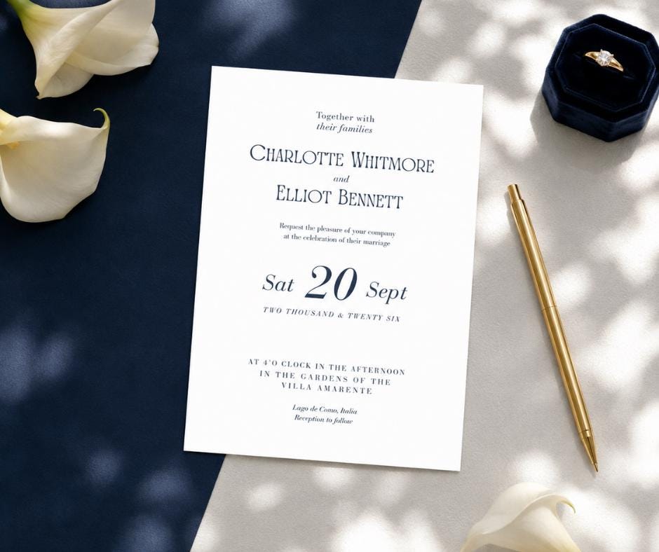 Navy and White Minimalist Wedding Invitation. Elegant Modern Script Invite, Editable Canva Template, Instant Download.
