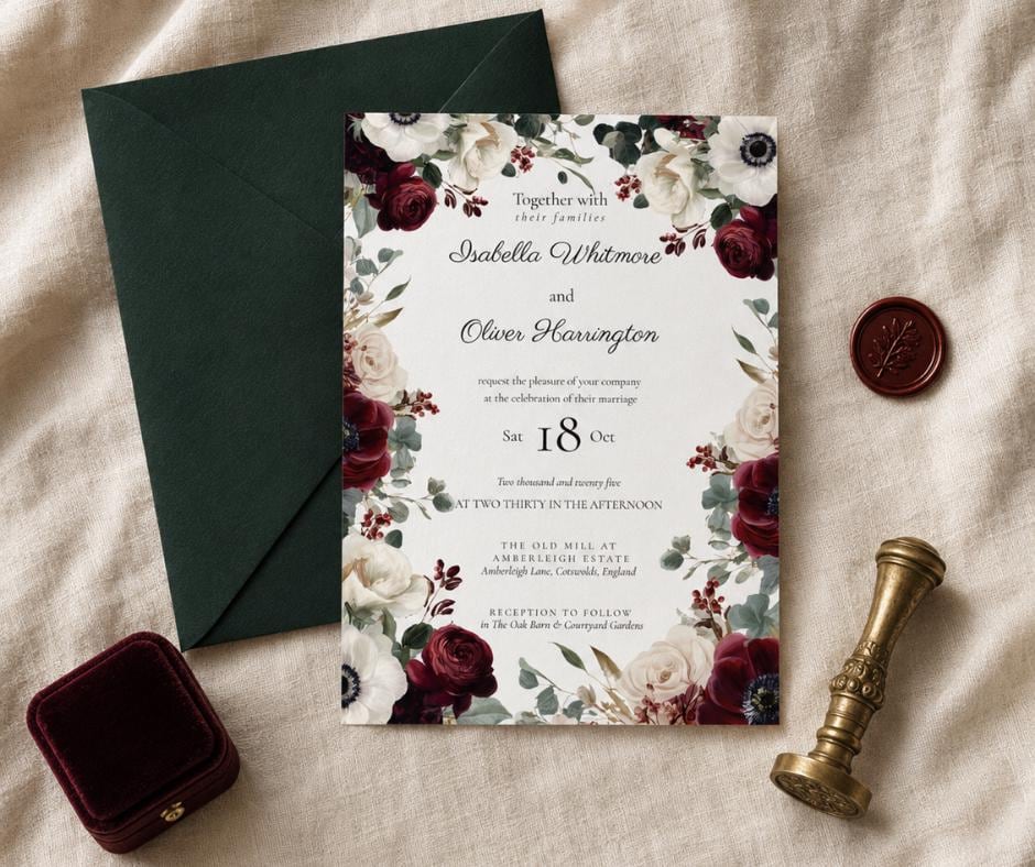 Burgundy Wedding Invitation. Floral Olive and Cream Invite. Editable Canva Template, Digital Download.