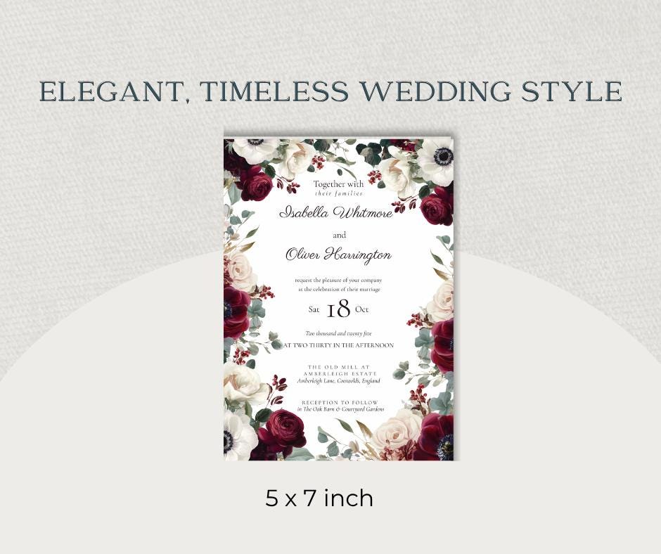 Burgundy Wedding Invitation. Floral Olive and Cream Invite. Editable Canva Template, Digital Download.