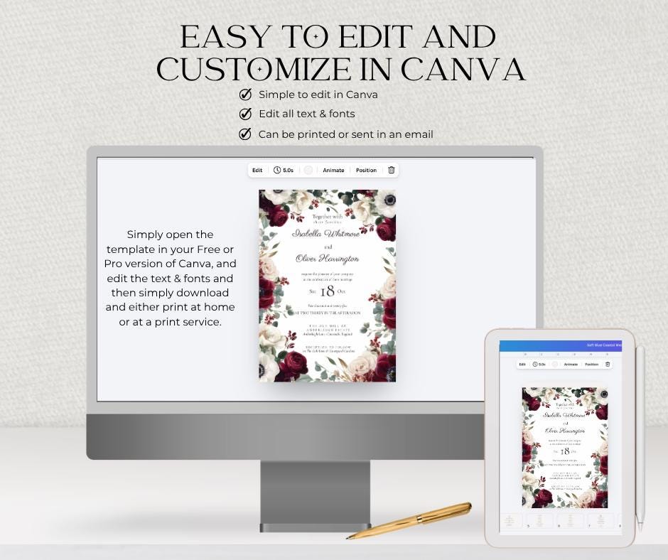 Burgundy Wedding Invitation. Floral Olive and Cream Invite. Editable Canva Template, Digital Download.