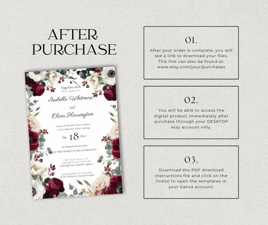 Burgundy Wedding Invitation. Floral Olive and Cream Invite. Editable Canva Template, Digital Download.