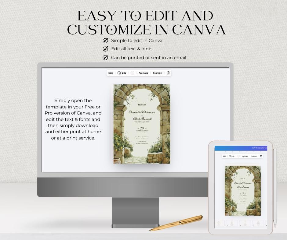 Tuscan Wedding Invitation. Stone Archway Olive Grove Invite. Editable Canva Template, Italian Destination Design