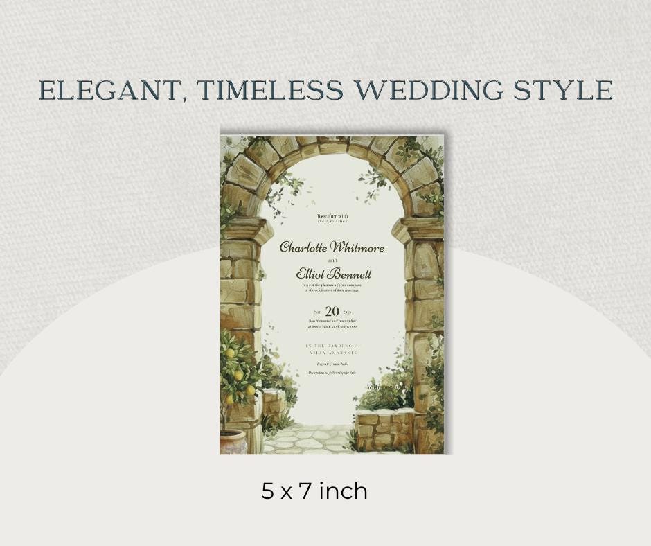 Tuscan Wedding Invitation. Stone Archway Olive Grove Invite. Editable Canva Template, Italian Destination Design