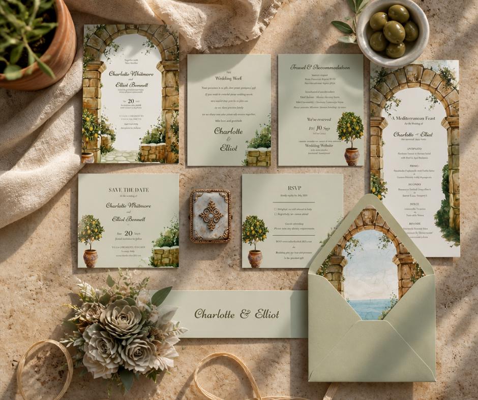 Tuscan Wedding Invitation. Stone Archway Olive Grove Invite. Editable Canva Template, Italian Destination Design