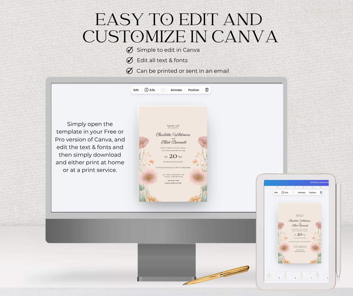 Peach and Sage Wedding Invitation. Botanical Wildflower Invite. Editable Pansy Canva Template, Instant Download